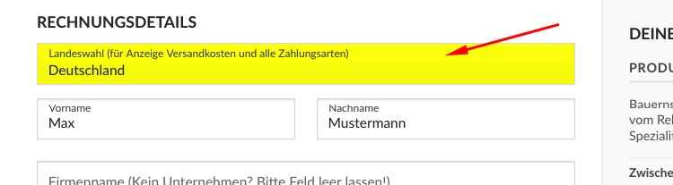 Landauswahl ist ein Pflichtfeld