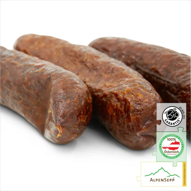 ORGANIC BEEF KAMINWURZEN | Austrian Kaminwurz Speciality | Smoked Raw Sausage made from 100% beef meat | 3 pieces – 150 grams