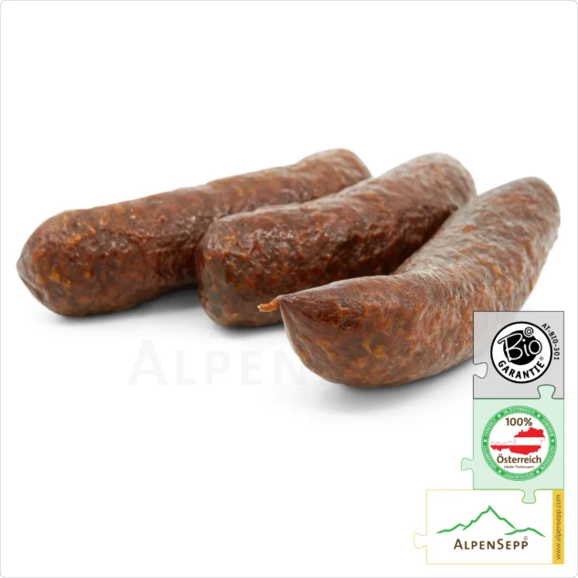 ORGANIC BEEF KAMINWURZEN | Austrian Kaminwurz Speciality | Smoked Raw Sausage made from 100% beef meat | 3 pieces – 150 grams