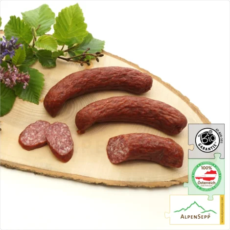 ORGANIC BEEF KAMINWURZEN | Austrian Kaminwurz Speciality | Smoked Raw Sausage made from 100% beef meat | 3 pieces – 150 grams