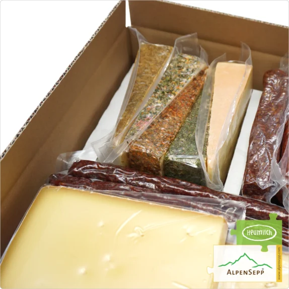 MIXED GIFT BOX » ALPENSEPP® « | GEMISCHTE GESCHENKBOX | Pleasure Box with Cheese + Sausage | Varied Delights for the Palate from the Austrian Alps | 3,3 kg 6 GIFT BASKET | GIFT BOX 'AlpenSepp' with cheese + sausage | varied delights for the palate from the Alps | 3.3 kg
