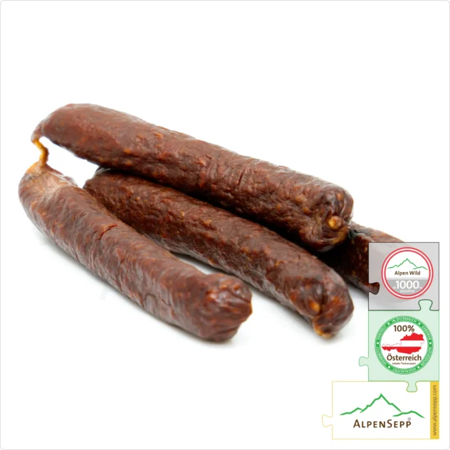 REHBEISSERLE | smoked raw sausage made from venison | PREMIUM sausage from local roe deer | 4 pieces