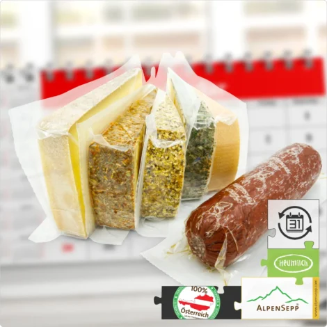 SUBSCRIPTION MOUNTAIN CHEESE, SEMI-HARD CHEESE + WILD SALAMI | 1,4 kg with Alternating Cheese and Sausage Variety | with Flexible Subscription Term